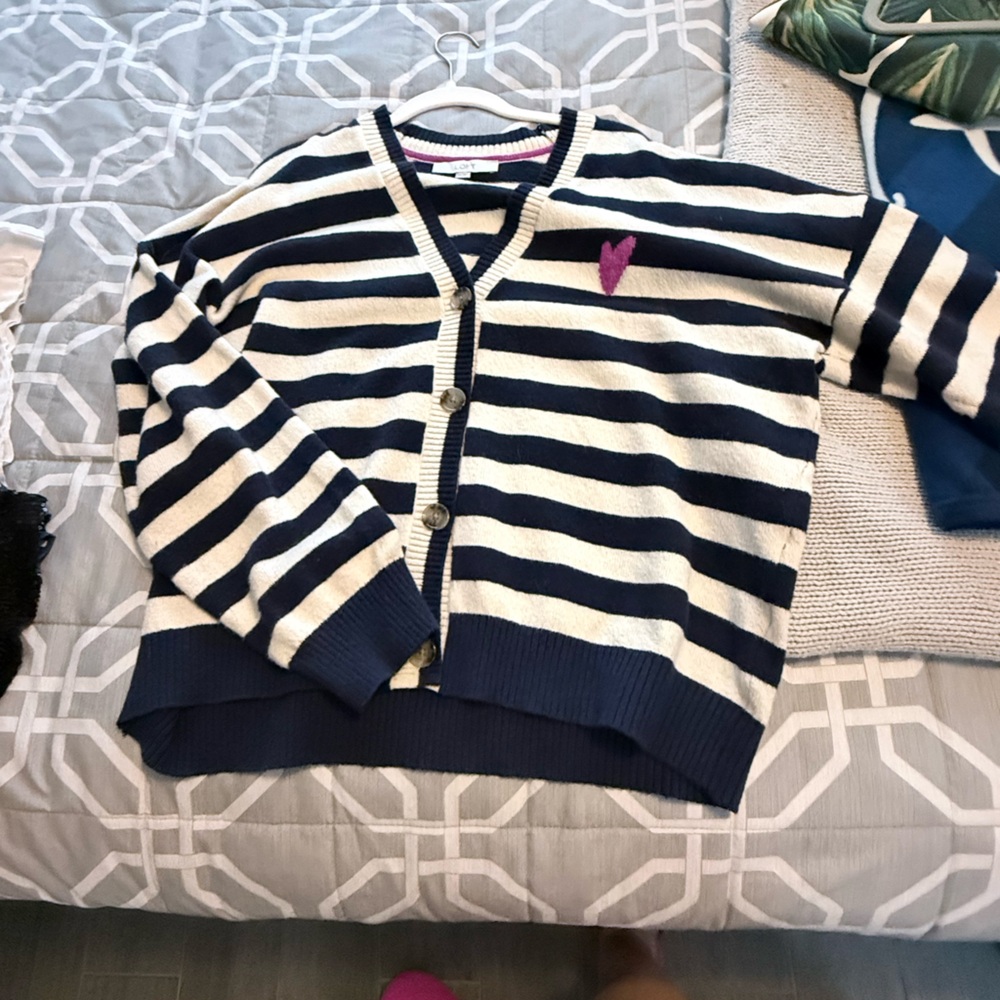 LOFT Navy, White, and Pink Striped Sweater
